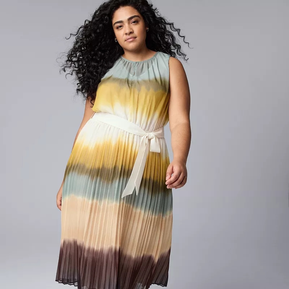 Simply Vera Vera Wang Yellow and Blue Pleated Midi Dress